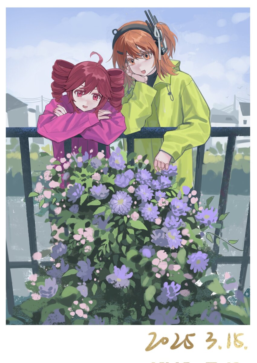 2girls a.i._voice adachi_rei against_railing ahoge alternate_costume android blue_sky bush cloud dress drill_hair flower green_jacket hair_between_eyes hair_ribbon handrail headlamp headphones highres house jacket kasane_teto leaning_forward long_sleeves looking_at_object madoka066 multiple_girls open_clothes open_mouth orange_hair outdoors pink_sweater power_lines purple_flower radio_antenna railing red_eyes ribbon side_ponytail sky standing sweater twin_drills utau utility_pole white_ribbon
