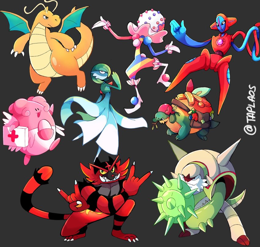 appletun artist_name blacephalon black_background black_eyes blissey blue_skin chesnaught claws colored_skin deoxys deoxys_(normal) dragon dragonite dress fangs first_aid_kit gardevoir gen_1_pokemon gen_2_pokemon gen_3_pokemon gen_6_pokemon gen_7_pokemon gen_8_pokemon green_skin highres incineroar multicolored_skin mythical_pokemon nintendo no_feet orange_skin pink_skin pokemon pokemon_(creature) red_fur red_skin shield simple_background taplaos two-tone_skin ultra_beast white_dress white_skin wings