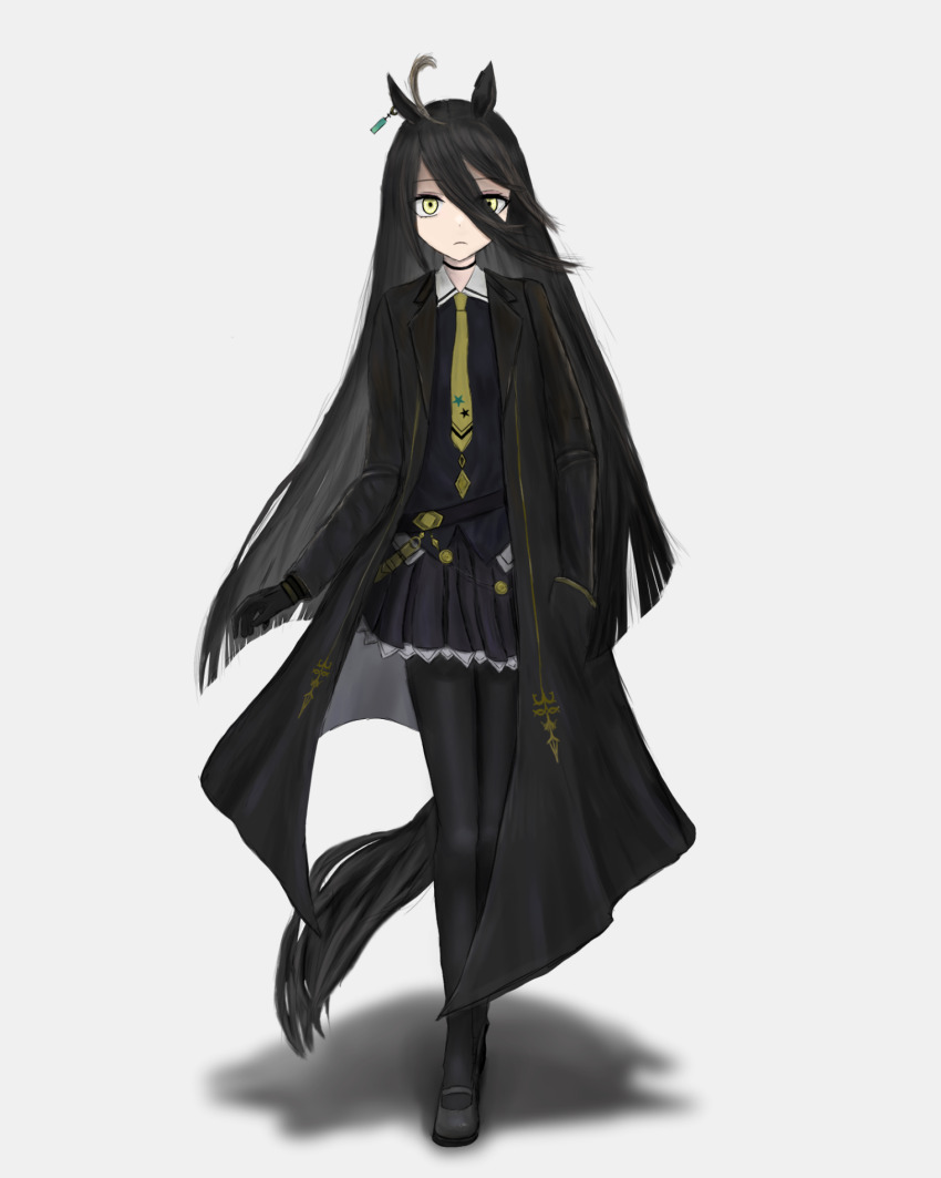 1girl ahoge animal_ears belt black_belt black_choker black_coat black_gloves black_hair black_pantyhose black_shirt black_shoes black_skirt choker closed_mouth coat collared_shirt ear_tag earrings frilled_skirt frills frown gloves grey_hair hand_in_pocket highres horse_ears horse_girl horse_tail jewelry long_hair long_sleeves manhattan_cafe_(umamusume) multicolored_hair necktie pantyhose pleated_skirt shirt shoes simple_background single_earring skirt solo tail thefatum umamusume very_long_hair white_background yellow_necktie