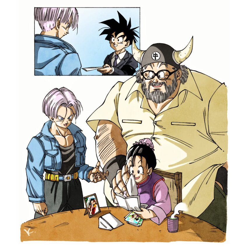 1girl 3boys beard black_dougi black_hair black_necktie black_suit blue_jacket bun_cover chi-chi_(dragon_ball) china_dress chinese_clothes collared_shirt cropped_jacket cup dragon_ball dragonball_z dress facial_hair fake_horns formal_clothes glasses grey_hair gyuu_maou hair_between_eyes hair_bun hand_in_pocket hand_on_another&#039;s_shoulder happy_tears helmet highres holding holding_paper horned_helmet horns jacket kakeru_(dbskakeru) multiple_boys necktie open_mouth paper parted_bangs parted_lips pectorals photo_(object) picture_frame pink_shirt purple_dress reading shirt short_hair smile son_gohan spiked_hair steam suit suit_jacket tears teeth toriyama_akira_(style) trunks_(dragon_ball) trunks_(future)_(dragon_ball) updo white_background white_shirt wiping_tears wristband yellow_shirt
