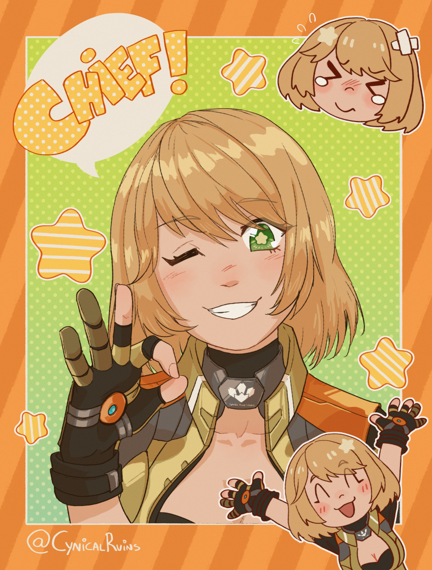 &gt;_&lt; 1girl absurdres armor artist_name aurora_(cynicalruins) black_gloves blonde_hair blush breasts chibi chibi_inset cleavage closed_eyes commentary crossed_bandaids dotted_background english_commentary english_text gloves gradient_background green_eyes highres looking_at_viewer medium_hair mia_(xenoblade_x) ok_sign one_eye_closed open_mouth orange_background smile star-shaped_pupils star_(symbol) striped_background symbol-shaped_pupils tearing_up xenoblade_chronicles_(series) xenoblade_chronicles_x yellow_background