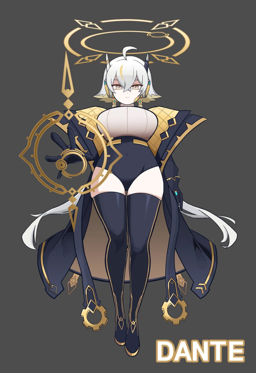 1girl absurdres ahoge artist_name black_coat black_gloves black_thighhighs breasts closed_mouth coat commentary_request expressionless floating full_body gears gloves grey_background grey_eyes grey_hair hair_between_eyes halo halo_behind_head highres kim_dante korean_commentary large_breasts looking_at_viewer multicolored_hair multiple_halos pointy_ears renewa_(trickcal) robot_ears simple_background solo streaked_hair sweater thighhighs trickcal twintails white_sweater yellow_halo