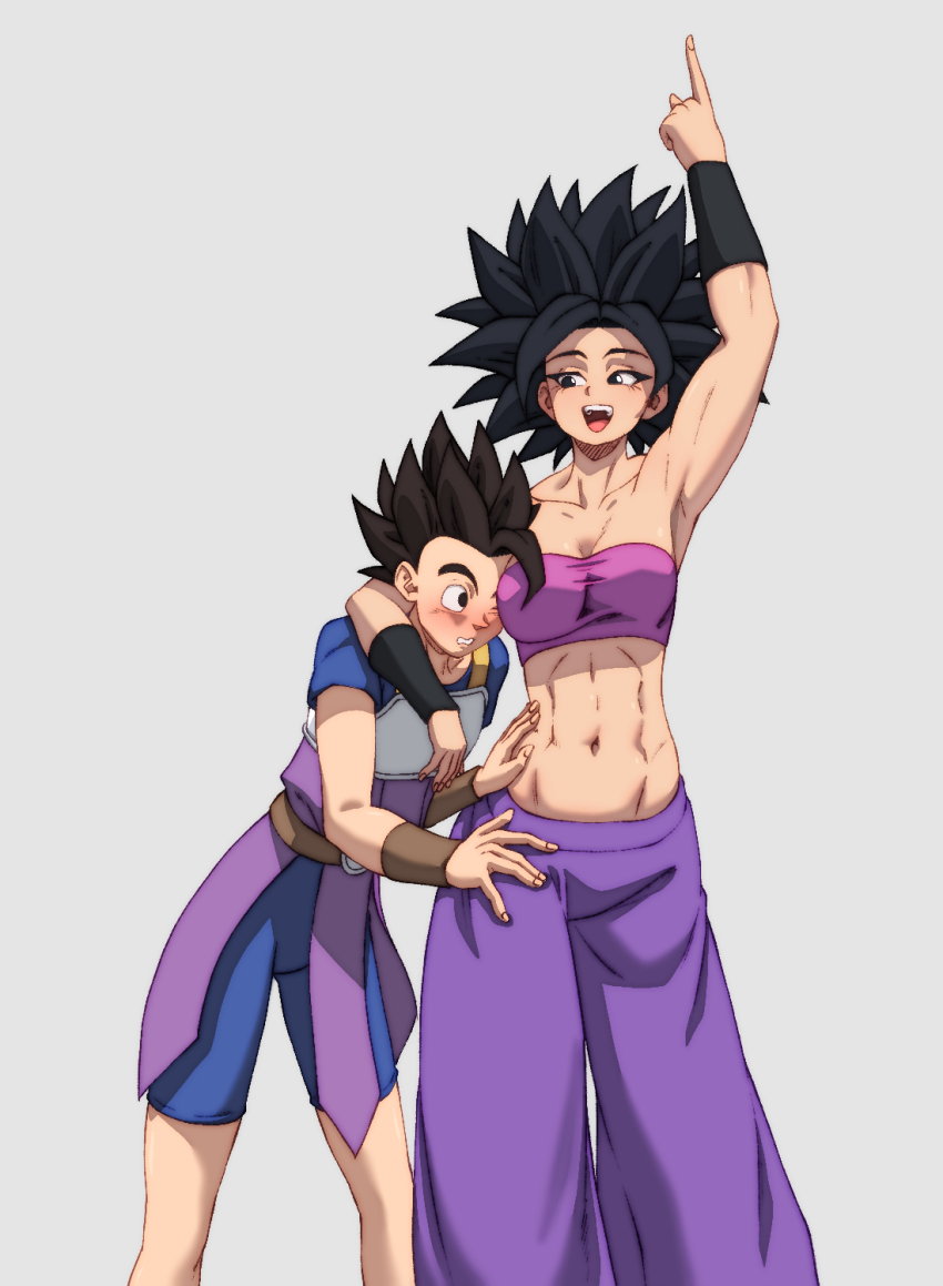 1boy 1girl abs arm_up armpits baggy_pants bare_shoulders big_hair black_eyes black_hair blush breasts cabba caulifla commentary crop_top dragon_ball dragon_ball_super ftw_arts highres midriff navel open_mouth pants pink_tube_top purple_pants saiyan saiyan_armor simple_background smile spiked_hair strapless toned toned_female tube_top