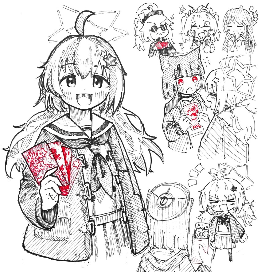 &gt;_&lt; 5girls :d absurdres after-school_sweets_club_(blue_archive) ahoge airi_(blue_archive) animal_ears blue_archive blush cat_ears chinese_new_year commentary english_commentary greyscale hair_ornament halo highres holding hongbao jacket kazusa_(blue_archive) long_hair long_sleeves monochrome multiple_girls natsu_(blue_archive) necktie notice_lines open_clothes open_jacket open_mouth prank red_eyes red_theme reisa_(blue_archive) sailor_collar school_uniform shiokaze1409 simple_background skirt smile spot_color star_(symbol) star_hair_ornament twintails white_background xd yoshimi_(blue_archive)