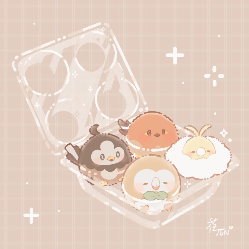 alternate_color animal_focus artist_name bird birf bright_pupils brown_eyes chibi closed_eyes closed_mouth commentary_request fletchling food_packaging full_body gen_3_pokemon gen_4_pokemon gen_6_pokemon gen_7_pokemon highres in_container jen03426859 light_blush minimized nintendo no_humans owl plastic_wrap pokemon pokemon_(creature) rowlet shiny_pokemon signature simple_background sparkling_eyes starly swablu white_pupils