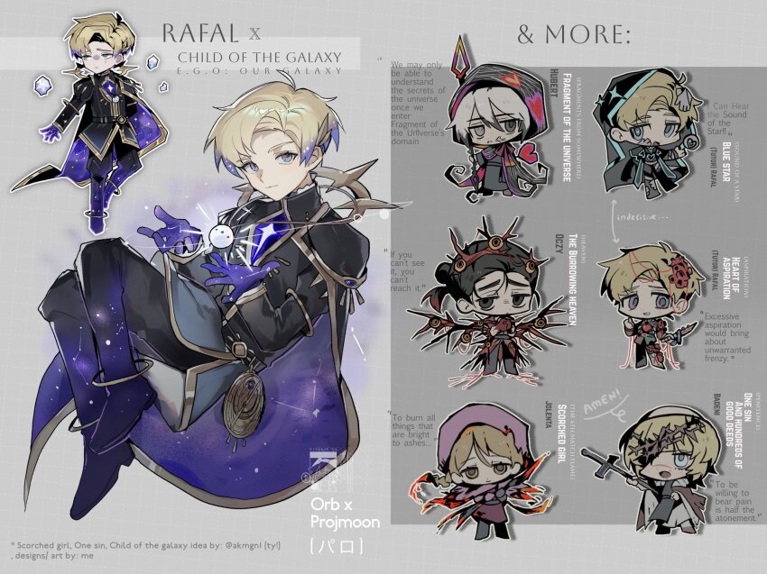 1girl 5boys badeni ball black_hair black_jacket black_pantyhose blonde_hair blue_cape blue_eyes blue_gloves cape character_name chi.:_chikyuu_no_undou_ni_tsuite chibi chibi_inset crown_of_thorns english_text gloves gold_trim grey_background grey_hair hair_between_eyes hair_bun hat highres holding holding_ball hood hood_up hooded_robe hubert_(chi.) jacket jolenta male_focus multiple_boys oczy one_eye_covered pantyhose parted_bangs pink_hat rafal_(chi.) robe scar scar_on_face scar_on_nose short_hair swept_bangs toramledak twitter_username