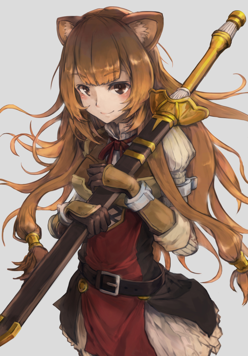 1girl absurdres animal_ears armor belt breastplate brown_hair cuffs dress female_focus grey_background hair_tubes highres holding holding_sword holding_weapon ico6 long_hair long_sleeves looking_at_viewer puffy_long_sleeves puffy_sleeves raccoon_ears raccoon_girl raccoon_tail raphtalia short_dress simple_background smile solo sword tail tate_no_yuusha_no_nariagari very_long_hair weapon