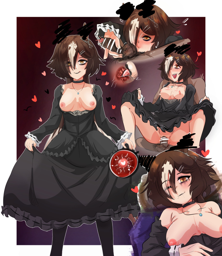 1girl alternate_costume animal_ears bags_under_eyes bar_censor black_choker black_dress black_pantyhose breasts breasts_out brown_hair censored choker closed_mouth commentary_request cum cum_in_pussy curtsey dress ear_censor feet_out_of_frame fertilization frilled_dress frills goth_fashion gothic_lolita hair_ornament hair_over_one_eye hairclip handjob heart hetero highres horse_ears horse_girl horse_tail jewelry laosburger lolita_fashion long_hair looking_at_viewer medium_breasts multicolored_hair necklace nipples no_panties one_eye_closed open_mouth ovum pantyhose penis pussy sex smile sperm_cell tail testicles two-tone_hair umamusume very_long_hair vodka_(umamusume) white_hair yellow_eyes