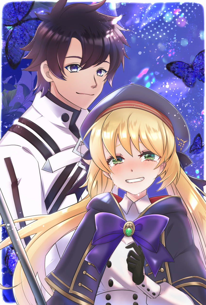 1boy 1girl artoria_caster_(fate) artoria_caster_(second_ascension)_(fate) artoria_pendragon_(fate) black_gloves black_hair blonde_hair blue_background blue_bow blue_bowtie blue_capelet blue_eyes blue_hat border bow bowtie brooch bug butterfly capelet commentary_request commission crying crying_with_eyes_open dress fate/grand_order fate_(series) fujimaru_ritsuka_(male) fujimaru_ritsuka_(male)_(decisive_battle_chaldea_uniform) gloves gold_trim green_eyes hat highres holding holding_staff insect jacket jewelry kasakasako long_hair long_sleeves looking_at_viewer official_alternate_costume outside_border sad_smile simple_background skeb_commission smile staff tearing_up tears twintails very_long_hair white_border white_dress white_jacket