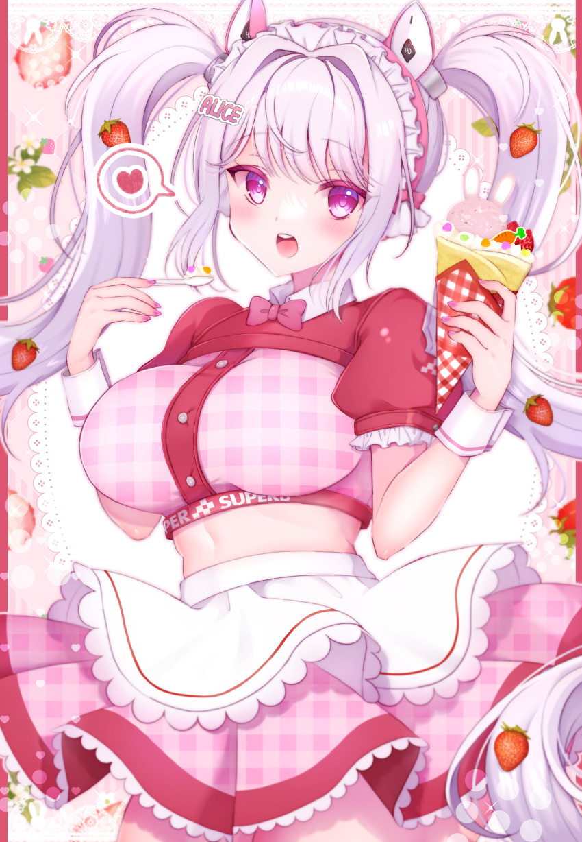 17ho_10ban 1girl absurdres alice_(nikke) animal_ear_headphones animal_ears breasts crepe dress fake_animal_ears food food-themed_hair_ornament goddess_of_victory:_nikke hair_ornament headphones heart highres holding holding_crepe holding_food ice_cream_crepe large_breasts long_hair looking_at_viewer navel open_mouth pink_dress pink_eyes pink_headphones strawberry_hair_ornament twintails white_hair