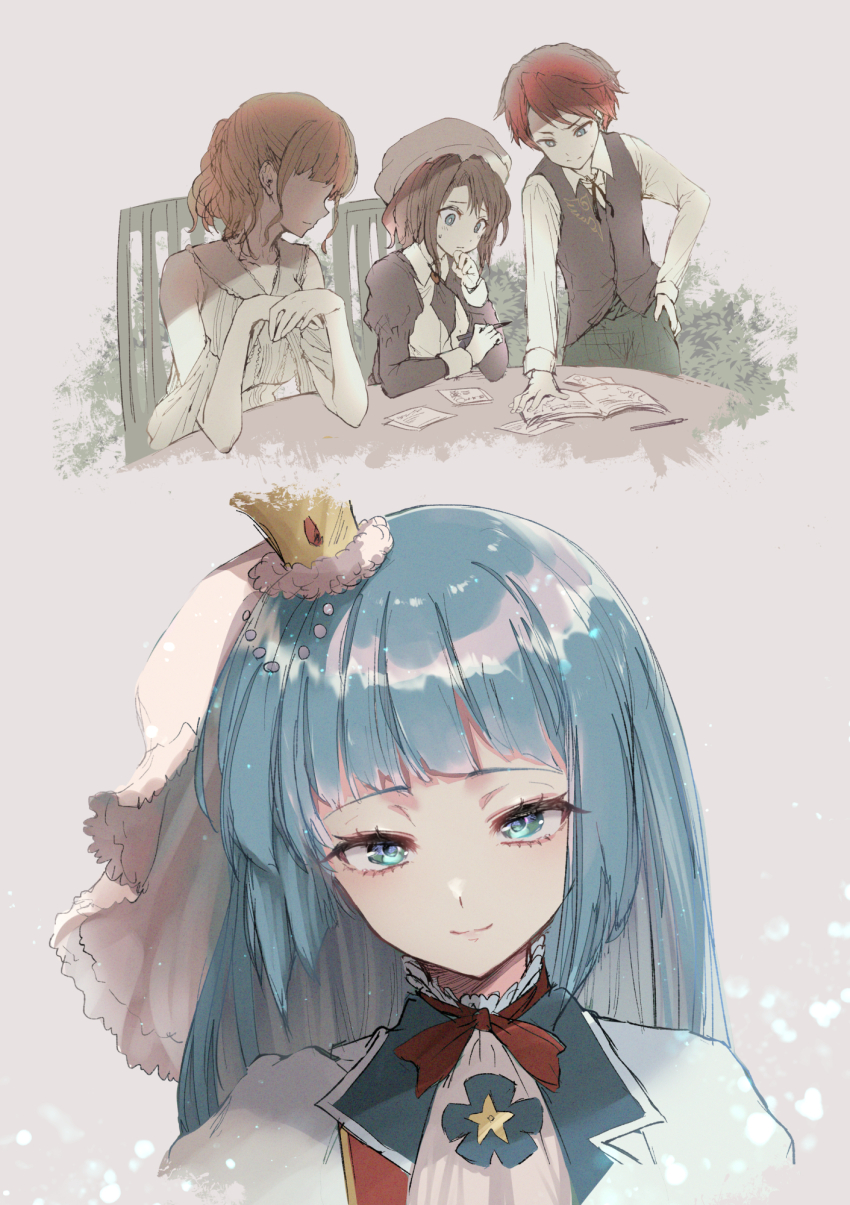 1boy 3girls blonde_hair blue_eyes blue_hair brown_hair bush chair closed_mouth crown fingernails hair_between_eyes hand_on_own_hip hat highres holding holding_pen light_blush medium_hair multiple_girls on_chair paper pen piece_(umineko) prprpkpy red_hair shannon_(umineko) short_hair sidelocks sitting smile sweatdrop table umineko_no_naku_koro_ni ushiromiya_battler