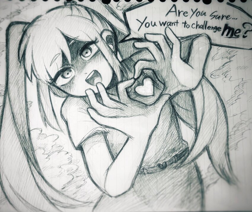 1girl commentary english_commentary english_text greyscale heart heart_hands highres long_hair monochrome omori open_mouth pasuta928008 perfectheart_(omori) short_sleeves smile solo speech_bubble traditional_media twintails