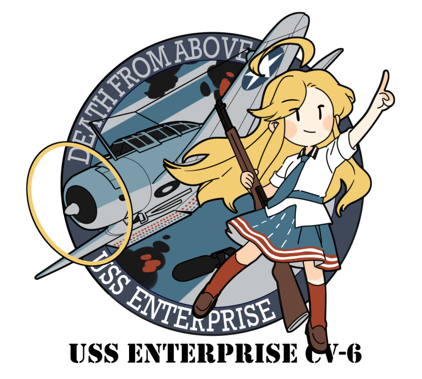 1girl ahoge aircraft blonde_hair blue_necktie brown_shoes character_name chibi closed_mouth collared_shirt commentary english_commentary english_text gun holding holding_gun holding_weapon index_finger_raised long_hair necktie original personification red_socks shirt shoes simple_background skirt socks solo star_(symbol) uss_enterprise_(cv-6) very_long_hair weapon white_shirt yorktown_cv-5 |_|