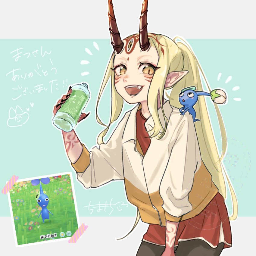 1girl 1other alternate_costume alternate_hairstyle artist_name black_eyes blonde_hair blue_background blue_pikmin blue_skin blush colored_skin creature creature_on_shoulder drink facial_mark fang fate/grand_order fate_(series) fingernails flower forehead_mark game_screenshot_inset highres holding holding_drink horns ibaraki_douji_(fate) jacket long_fingernails long_hair long_sleeves nintendo nupy22 on_shoulder oni open_mouth pikmin_(creature) pikmin_(series) pikmin_bloom pointy_ears ponytail red_shirt shirt simple_background smile tape tattoo triangle_mouth two-tone_background white_background white_flower yellow_eyes yellow_jacket