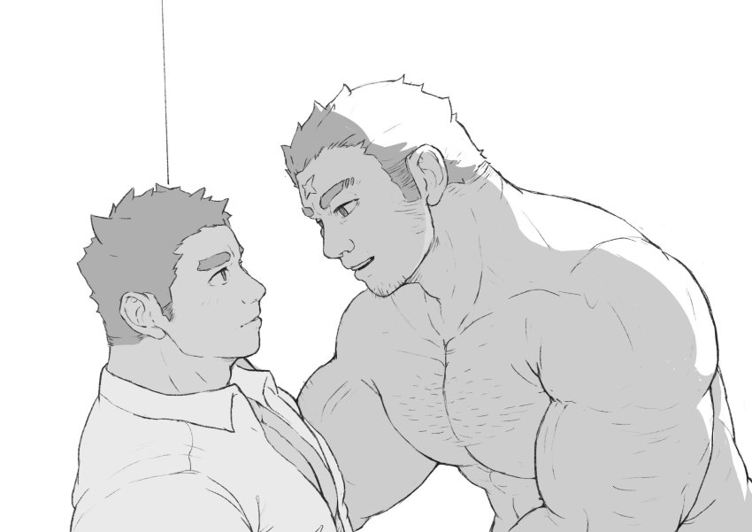 2boys bara blush chest_hair completely_nude couple cross_scar eye_contact facial_hair from_side goatee greyscale highres houzouin_oniwaka large_pectorals long_sideburns looking_at_another male_focus protagonist_3_(housamo) mature_male me-me_(mouact2) monochrome multiple_boys muscular muscular_male no_nipples nude open_clothes open_shirt pectoral_cleavage pectorals scar scar_on_face scar_on_forehead short_hair sideburns smile stubble tokyo_houkago_summoners yaoi