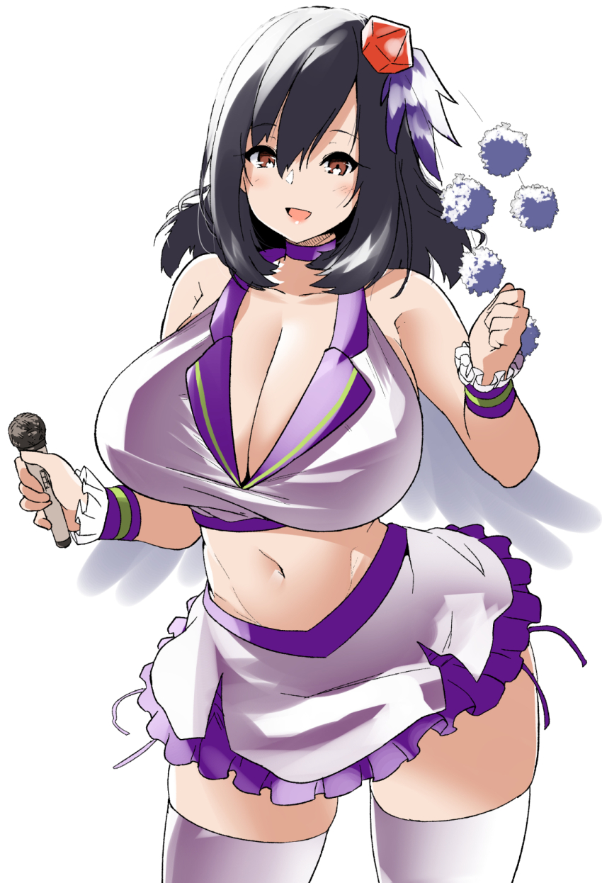 1girl :d akure_ekuto alternate_costume black_hair breasts brown_eyes cleavage commentary_request commission cowboy_shot curvy frilled_bracelet frilled_skirt frills hat highres holding holding_microphone huge_breasts idol looking_at_viewer microphone midriff miniskirt navel open_mouth pom_pom_(clothes) red_hat shameimaru_aya shirt short_hair simple_background skirt smile solo standing thighhighs tokin_hat touhou white_background white_shirt white_thighhighs wide_hips zettai_ryouiki