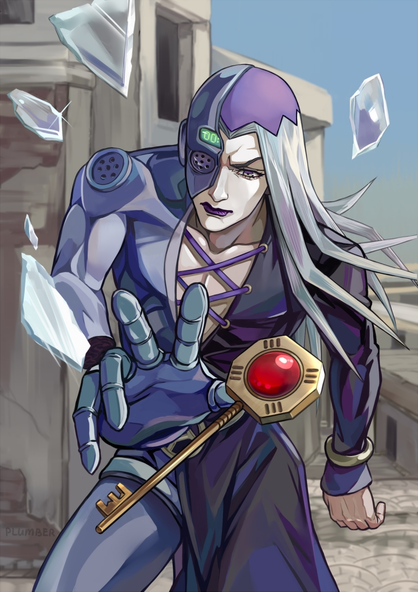 1boy black_coat bracelet broken_glass coat commentary_request glass grey_eyes hat highres jewelry jojo_no_kimyou_na_bouken key leone_abbacchio long_hair male_focus moody_blues_(stand) purple_lips reaching russian_commentary sleeves_past_wrists solo stand_(jojo) vasiliy-plumber vento_aureo