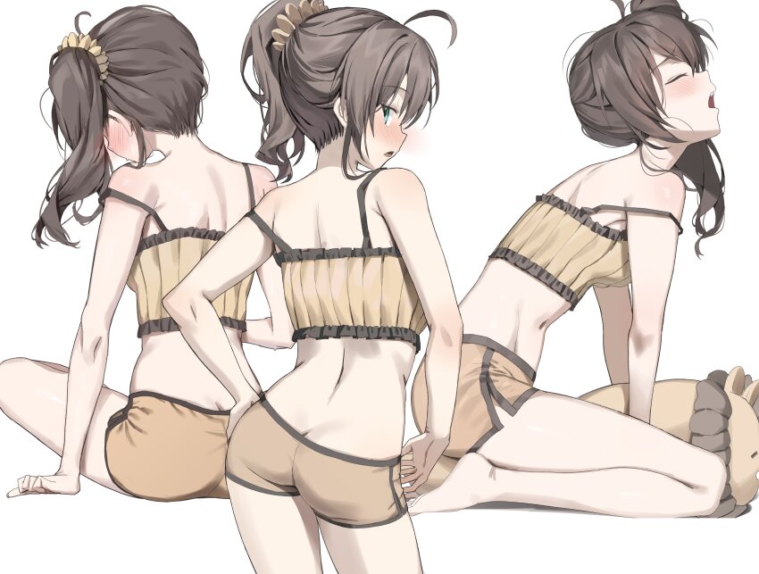 1girl absurdres ahoge aqua_eyes ass back backboob bare_arms bare_legs bare_shoulders barefoot between_legs blush breasts brown_hair butt_crack camisole commentary contrapposto crop_top dolphin_shorts ebi_frion_(natsuiro_matsuri) facing_up food frilled_camisole frills from_behind from_side hair_ornament hair_scrunchie hand_on_own_hip highres hololive hunched_over leaning_forward long_hair looking_at_viewer looking_back mascot median_furrow medium_breasts micro_shorts midriff multiple_views nape natsuiro_matsuri natsuiro_matsuri_(matsuri&#039;s_day_off) navel nose_blush open_mouth orange_shorts ponytail profile raised_inner_eyebrows ribbed_camisole scarlet_(wv0102) scrunchie seiza shorts shoulder_blades shrimp shrimp_tempura side_ponytail side_slit sideways_glance sideways_mouth simple_background single_off_shoulder sitting sleepwear spread_legs standing strap_slip stuffed_animal stuffed_lion stuffed_toy sweatdrop symbol-only_commentary taut_clothes taut_shorts tears tempura toes turning_head variant_set virtual_youtuber white_background yawning yellow_camisole yellow_scrunchie yellow_shorts