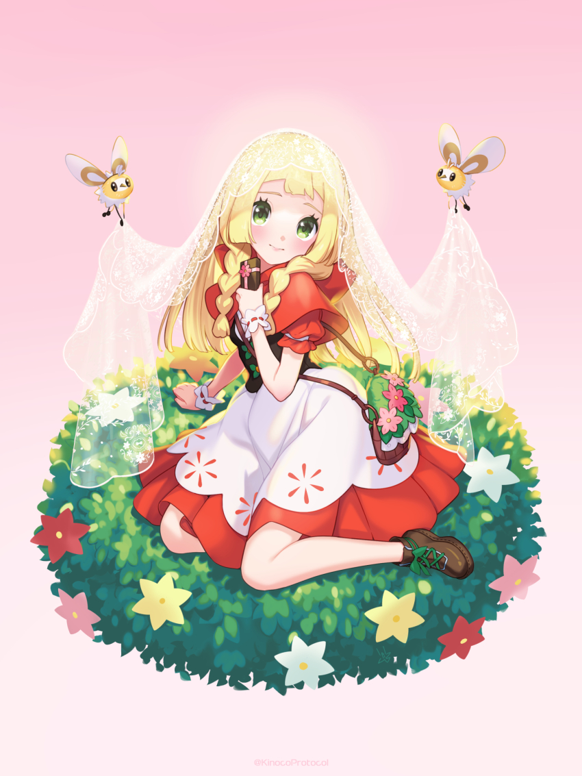 1girl alternate_costume blonde_hair cosplay cutiefly gen_7_pokemon green_eyes highres kinocopro lillie_(pokemon) marley_(palentine&#039;s_2025)_(pokemon) marley_(pokemon) marley_(pokemon)_(cosplay) nintendo pokemon pokemon_masters_ex pokemon_sm