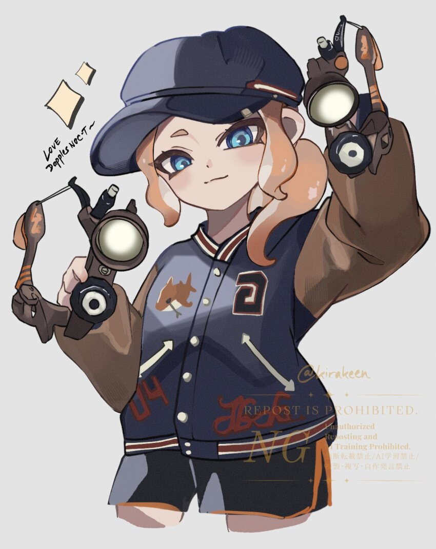 1girl blue_eyes blue_hat blue_jacket closed_mouth commentary dapple_dualies_(splatoon) english_commentary hat highres holding holding_weapon jacket kirakeen letterman_jacket long_hair looking_at_viewer nintendo octoling octoling_girl octoling_player_character orange_hair ponytail simple_background smile solo sparkle splatoon_(series) splatoon_3 tentacle_hair watermark weapon white_background