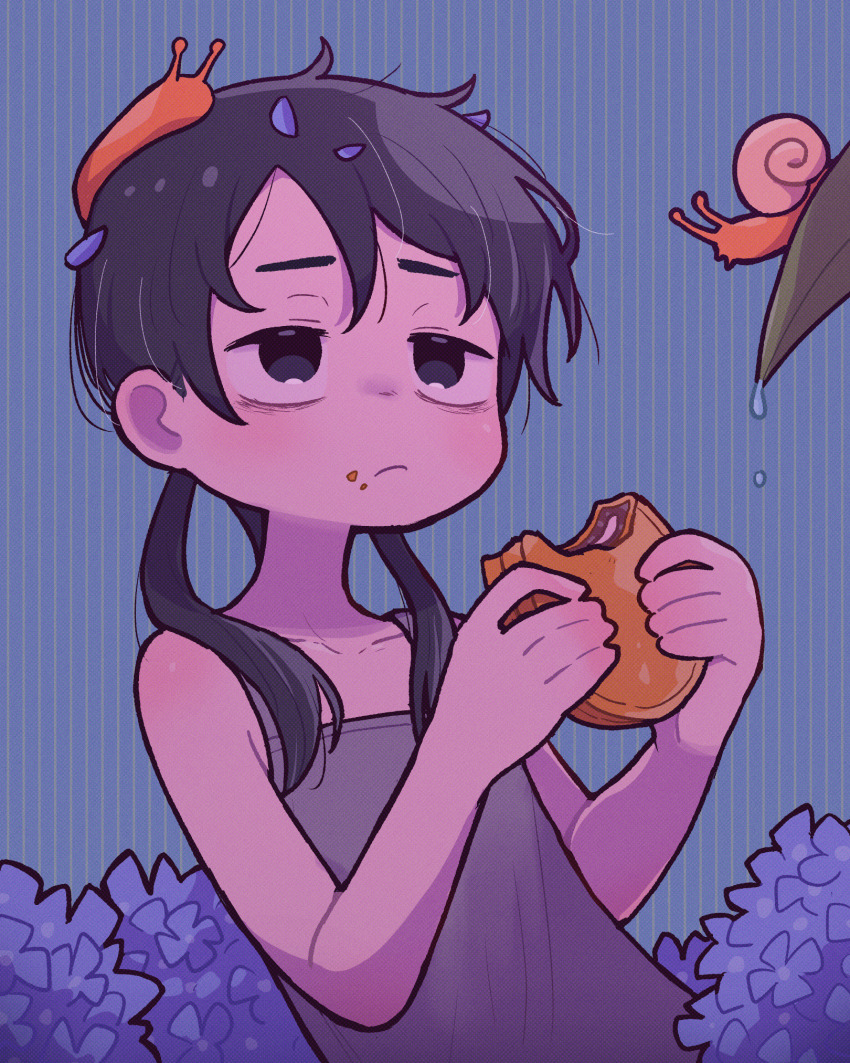 1girl animal animal_on_head bags_under_eyes bare_arms bare_shoulders blue_background blue_eyes blue_flower blue_hair blue_petals closed_mouth collarbone commentary_request eating flower food food_on_face green_background grey_tank_top highres holding holding_food leaf low_twintails medium_hair messy_hair monaka_(food) on_head original petal_on_head slug snail solo striped_background takurada tank_top twintails two-tone_background upper_body water_drop