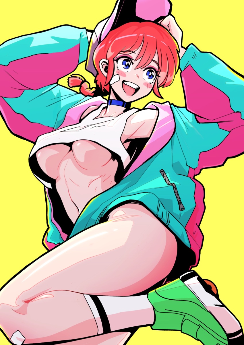 1girl :d alternate_costume aqua_jacket arms_up bandaid bandaid_on_face bandaid_on_knee bandaid_on_leg baseball_cap blue_choker blue_eyes bottomless braid braided_ponytail breasts choker cropped_shirt eyeshadow floating_hair green_footwear hair_between_eyes hands_on_headwear hat highres jacket kneehighs light_blush long_hair long_sleeves looking_ahead low_ponytail makeup medium_breasts multicolored_jacket navel open_mouth partially_unzipped pink_eyeshadow pink_hat pink_jacket ponytail puffy_long_sleeves puffy_sleeves qwetzo ranma-chan ranma_1/2 red_hair roller_shoes shirt shoes simple_background sleeveless sleeveless_shirt smile socks standing standing_on_one_leg teeth thick_thighs thighs track_jacket two-sided_fabric two-sided_jacket two-tone_jacket underboob upper_teeth_only white_shirt white_socks yellow_background