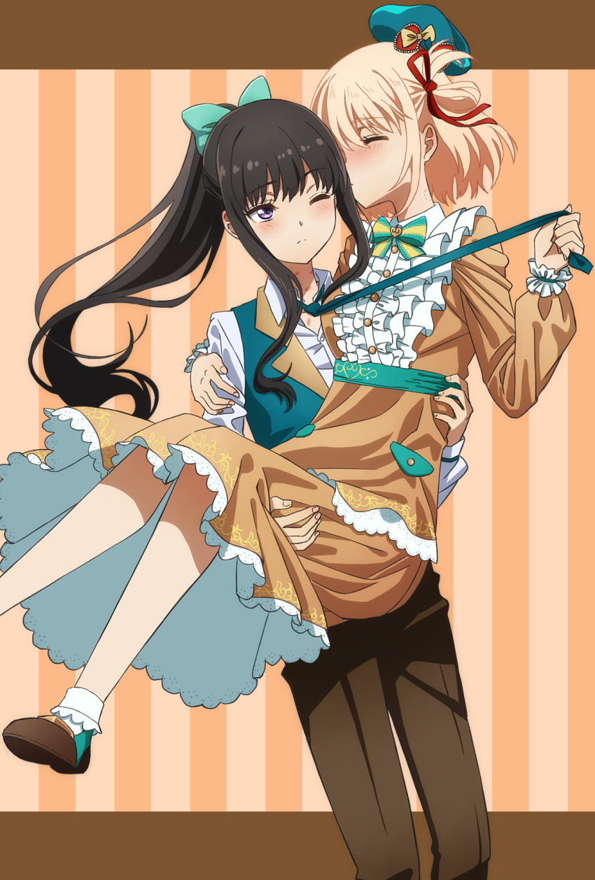 2girls black_hair blonde_hair blush bow bowtie brown_footwear brown_pants carrying closed_eyes clothes_grab collared_shirt dress green_bow green_headwear green_necktie green_vest hair_bow highres inoue_takina kissing_hair long_hair long_sleeves lycoris_recoil multiple_girls necktie necktie_grab neckwear_grab nishikigi_chisato oiun one_eye_closed orange_dress pants ponytail princess_carry purple_eyes shirt shoes socks striped_background vest white_shirt white_socks yuri