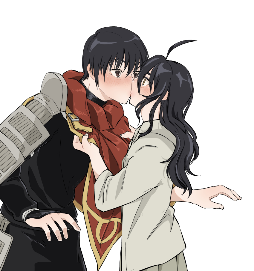 1boy 1girl absurdres ahoge blush brown_eyes brown_hair buppii_buru cloak fumetsu_no_anata_e fushi green_tunic hetero highres hood hooded_cloak kahaku_(fumetsu_no_anata_e) kiss long_hair short_hair surprise_kiss surprised tunic wavy_hair wide-eyed yellow_eyes