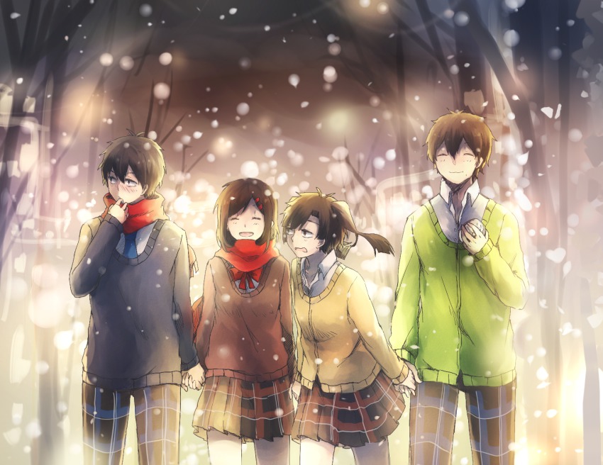 2boys 2girls backlighting bad_id bad_pixiv_id black_hair blurry bokeh brown_hair depth_of_field domik enomoto_takane enpera hair_ornament hairclip holding_hands kagerou_project kisaragi_shintarou kokonose_haruka long_hair multiple_boys multiple_girls scarf school_uniform short_hair smile snowing tateyama_ayano twintails