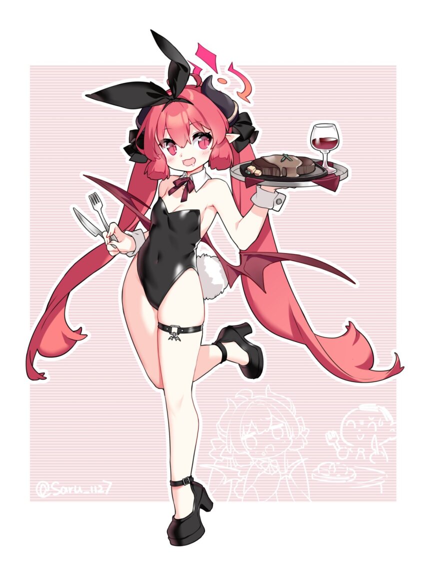 1girl ahoge alternate_costume animal_ears doodle_sensei_(blue_archive) artist_name bare_arms bare_legs black_footwear black_leotard blue_archive blush breasts chibi chibi_inset cleavage commentary_request covered_navel cup demon_girl demon_horns demon_wings detached_collar drink drinking_glass fake_animal_ears fake_tail food fork full_body hair_between_eyes hair_ribbon halo high_heels highleg highleg_leotard highres holding holding_fork holding_knife holding_tray horns junko_(blue_archive) knife leotard long_hair meat neck_ribbon open_mouth pink_halo playboy_bunny pointy_ears rabbit_ears rabbit_tail red_eyes red_hair red_ribbon red_wings ribbon saliva saru sensei_(blue_archive) small_breasts solo_focus standing standing_on_one_leg strapless strapless_leotard tail thigh_strap tray twintails twitter_username very_long_hair wine_glass wings wrist_cuffs