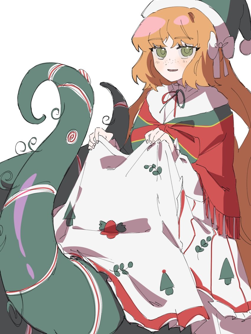 1girl bow bowtie christmas_nightmare_(e.g.o) clothes_lift cowboy_shot e.g.o_(project_moon) green_eyes hair_bow hat highres ishmael_(project_moon) kitaku_(ienikaeru) limbus_company long_hair looking_at_viewer open_mouth orange_hair project_moon santa_hat sidelocks simple_background skirt skirt_lift smile solo striped_bow striped_bowtie striped_capelet striped_clothes tentacles tentacles_under_clothes very_long_hair white_background white_bow
