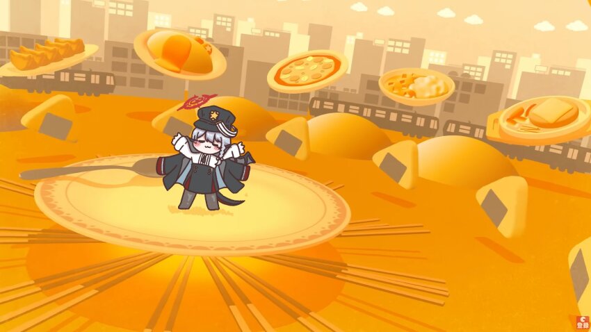 amedrama black_coat black_hat blue_archive building chibi coat coat_on_shoulders demon_tail domain_expansion dumpling food full_body halo haruna_(blue_archive) hat highres jiaozi long_hair onigiri outdoors pizza pocky spoon standing tail train white_hair