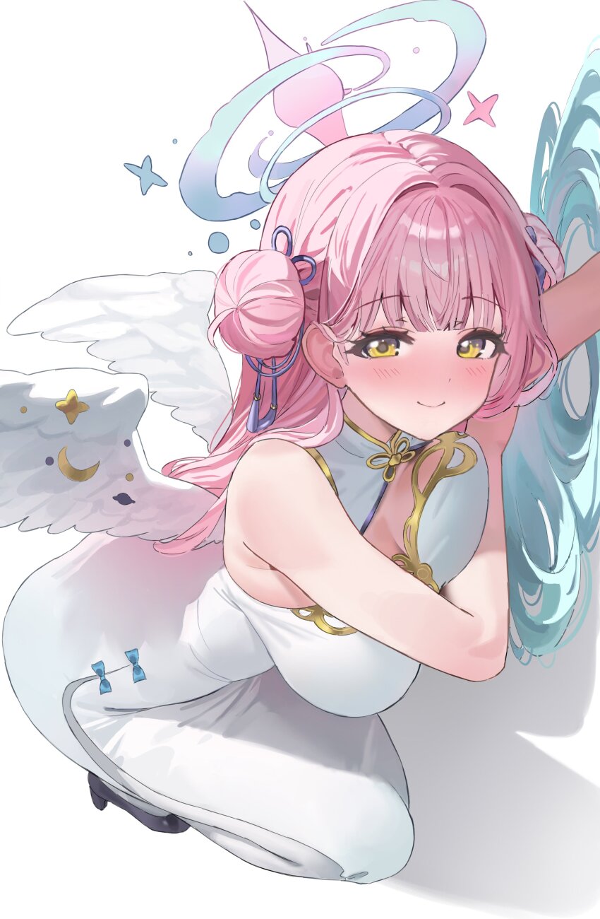 1girl absurdres angel_wings aqua_hair bare_shoulders black_shoes blue_archive blush breast_press breasts china_dress chinese_clothes cleavage closed_mouth commentary dress feathered_wings hair_bun hair_ornament halo hashtag-only_commentary highres large_breasts long_hair looking_at_viewer low_wings mika_(blue_archive) multicolored_hair pink_hair pink_halo shaffelli shoes simple_background single_side_bun smile solo squatting tassel tassel_hair_ornament two-tone_hair white_background white_dress white_wings wings yellow_eyes