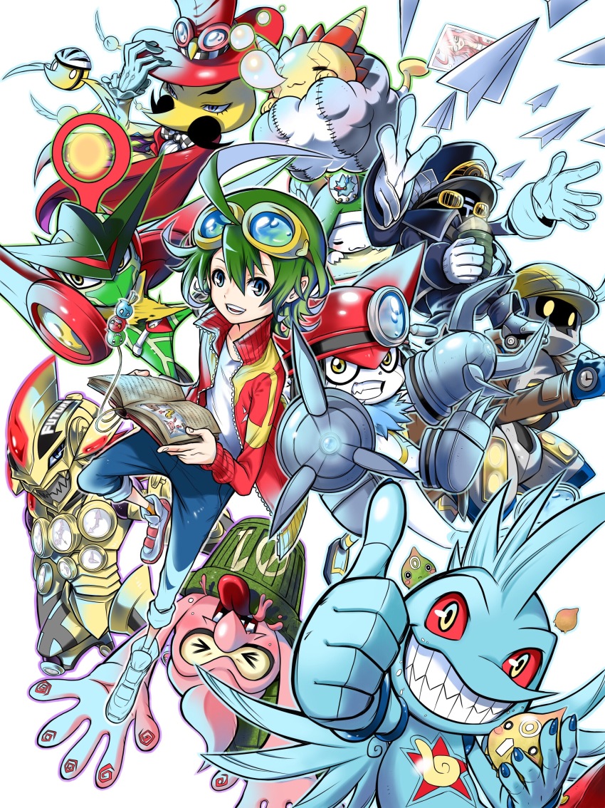 absurdres clock closed_eyes cloud digimon gatchmon goggles goggles_on_head gomimon gossipmon highres mailmon naoki_akamine navimon_(appmon) shinkai_haru sleepmon smile sociamon tapmon thumbs_up timemon trash_can tubumon weathermon