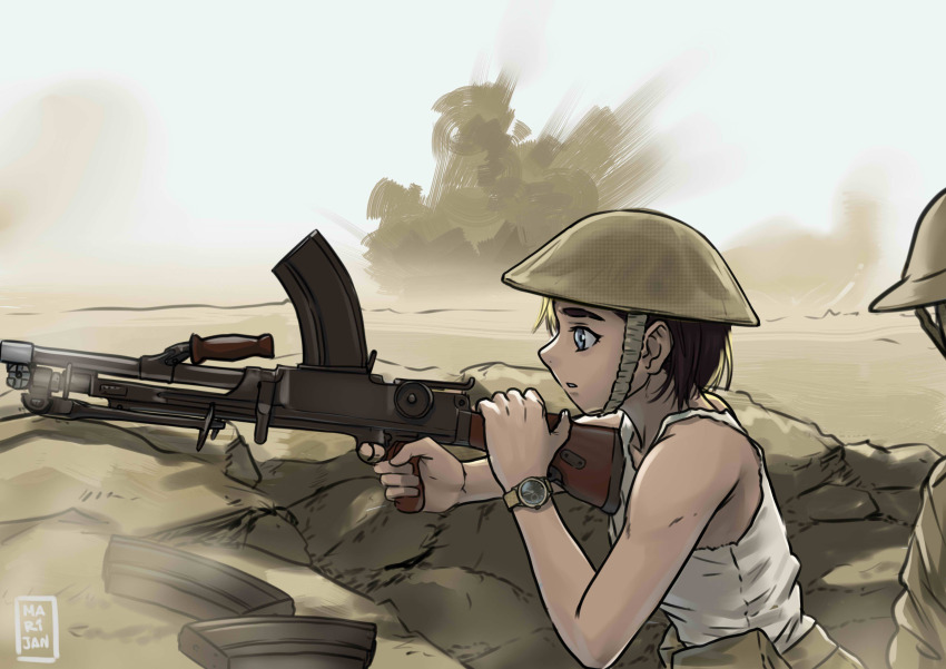 1girl absurdres aiming blue_eyes bren_lmg brown_hair combat_helmet commentary desert dust english_commentary explosion finger_on_trigger gun helmet highres light_machine_gun machine_gun magazine_(weapon) mardjan military military_uniform original undershirt watch weapon world_war_ii wristwatch
