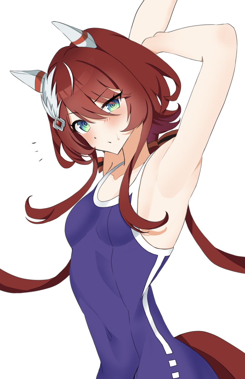 1girl absurdres animal_ears anok7456 armpits arms_up blue_one-piece_swimsuit blush breasts brown_eyes commentary_request competition_school_swimsuit covered_navel ear_covers ear_ornament green_eyes grey_background hair_between_eyes highres horse_ears horse_girl horse_tail long_hair looking_at_viewer multicolored_hair notice_lines one-piece_swimsuit red_hair school_swimsuit simple_background small_breasts solo streaked_hair swimsuit tail tracen_swimsuit umamusume white_background white_hair win_variation_(umamusume)