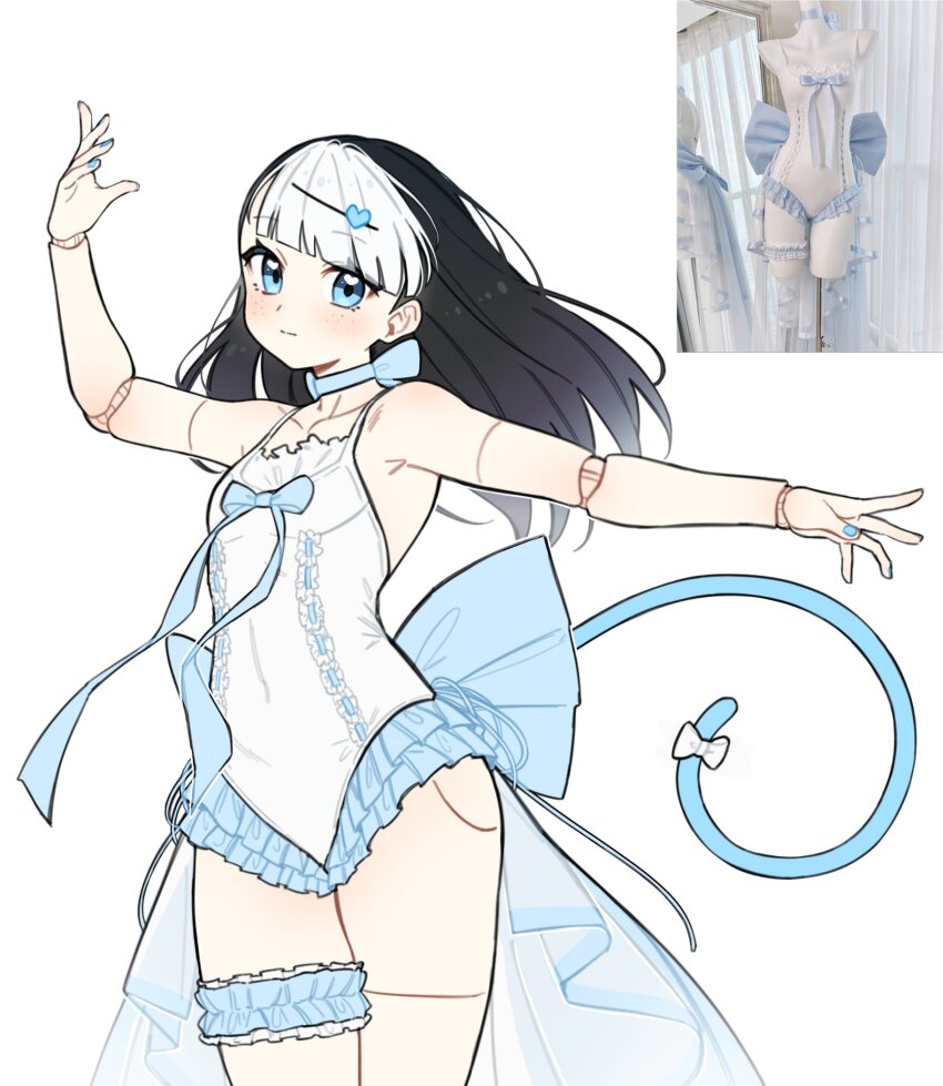 1girl alternate_costume alternate_hairstyle bambinata_(pgr) black_hair blue_bow blue_choker blue_eyes blue_frills blue_tail bow cat_tail choker doll_joints frilled_leotard frills hair_ornament heart heart-shaped_pupils heart_hair_ornament highres joints leotard long_hair mechabare multicolored_hair myam_(123ab456c) photo-referenced punishing:_gray_raven solo symbol-shaped_pupils tail two-tone_hair waist_bow white_background white_hair white_leotard