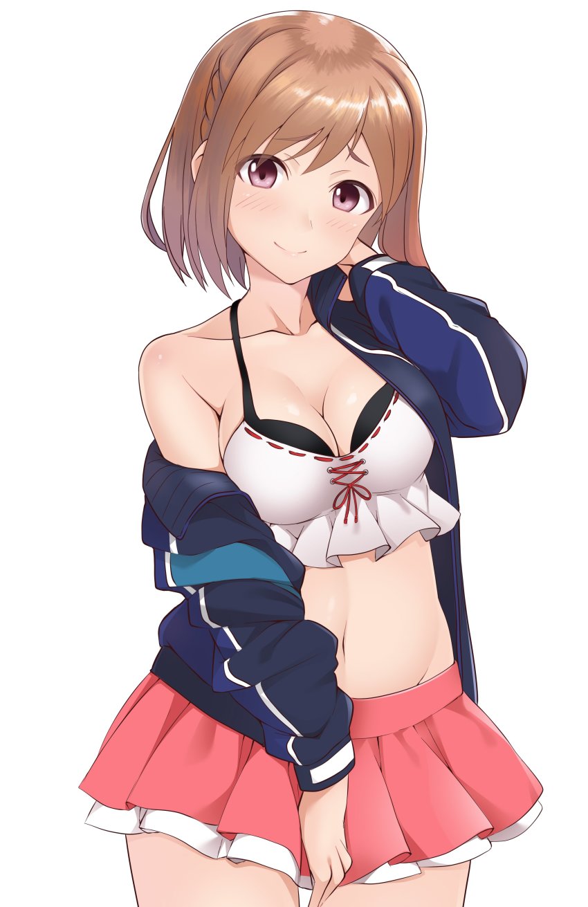 1girl a9b_(louis814) absurdres alice_gear_aegis blue_jacket blush braid breasts brown_hair camisole cleavage closed_mouth commentary_request cowboy_shot crop_top frilled_shirt frills hand_in_own_hair head_tilt highres jacket looking_at_viewer medium_breasts microskirt midriff navel off_shoulder open_clothes open_jacket pink_skirt pleated_skirt purple_eyes shirt short_hair simple_background skirt smile solo standing sutegoro_shiina swept_bangs white_background white_shirt
