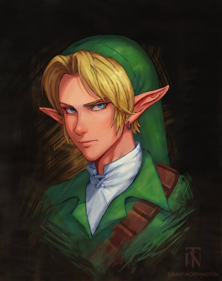 1boy belt blonde_hair blue_eyes brown_belt closed_mouth cropped_torso earrings green_hat green_tunic hat high_collar highres jewelry link looking_at_viewer male_focus nintendo parted_bangs pointy_ears portrait shirt short_hair shoulder_belt solo the_legend_of_zelda the_legend_of_zelda:_ocarina_of_time tommy_worthington tunic white_shirt
