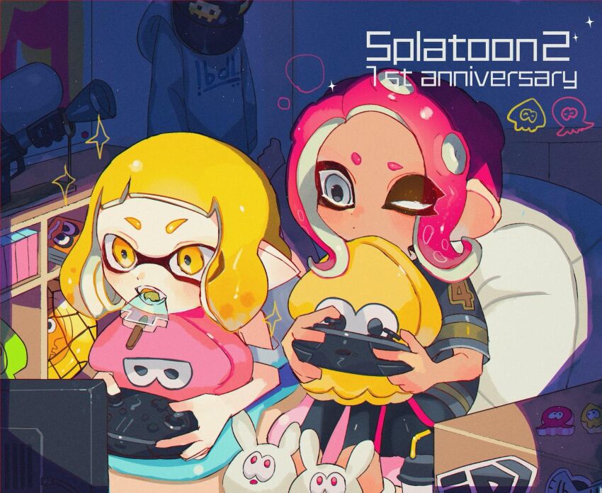 :o animal-themed_food animal_slippers anniversary bad_id bad_pixiv_id bare_arms bare_shoulders bedroom black_pants black_shirt blonde_hair blue_eyes book box bunny_slippers controller dark dark-skinned_female dark_skin dress fangs food food_in_mouth full_body game_controller highres holding holding_controller holding_game_controller hugging_object indoors inkling_girl inkling_player_character light_blush looking_at_object lying nintendo number_print octoling_girl octoling_player_character on_stomach one_eye_closed open_mouth pale_skin pants pink_hair playing_games pointy_ears popsicle popsicle_in_mouth rug shirt short_hair short_sleeves sitting slippers sparkle splatoon_(series) splatoon_2 stuffed_animal stuffed_squid stuffed_toy t-shirt teeth telescope television tentacle_hair unitoon unworn_clothes white_dress white_footwear