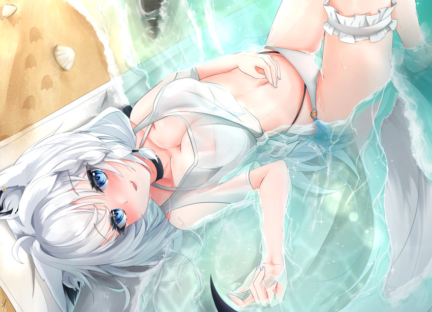1girl absurdres ahoge alternate_costume animal_ear_fluff animal_ear_piercing animal_ears aqua_nails beach bikini black_choker blue_eyes blush braid breasts choker cleavage collarbone fox_ears fox_girl fox_tail frilled_thigh_strap highres hololive large_breasts long_hair lying navel o-ring_bikini_bottom on_back open_mouth sand seashell see-through_clothes see-through_shirt shell shirakami_fubuki shirt short_sleeves side_braid smile st-147 stomach swimsuit tail thigh_strap very_long_hair white_bikini white_hair