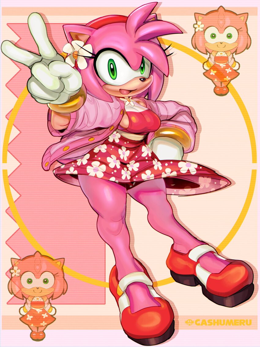 absurdres amy_rose animal_ears animal_nose bad_tag blush body_fur bracelet breasts calves cashumeru chibi cleavage dot_nose dress floral_print flower full_body furry furry_female gloves green_eyes hair_flower hair_ornament hairband hand_on_own_hip happy hedgehog high_heels highres jacket jewelry legs looking_at_viewer open_clothes open_jacket open_mouth pink_dress pink_fur pink_hair pink_jacket red_dress red_hairband shoes sideboob smile solo sonic_(series) standing sundress tail v white_gloves