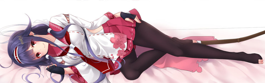 1girl ahoge black_pantyhose breasts dakimakura_(medium) hair_flaps hair_ornament hairclip headband japanese_clothes kantai_collection kochipu large_breasts long_hair looking_at_viewer low_twintails lying on_side pantyhose purple_hair red_eyes ryuuhou_(kancolle) ryuuhou_kai_ni_(kancolle) smile solo taigei_(kancolle) twintails very_long_hair wide_sleeves