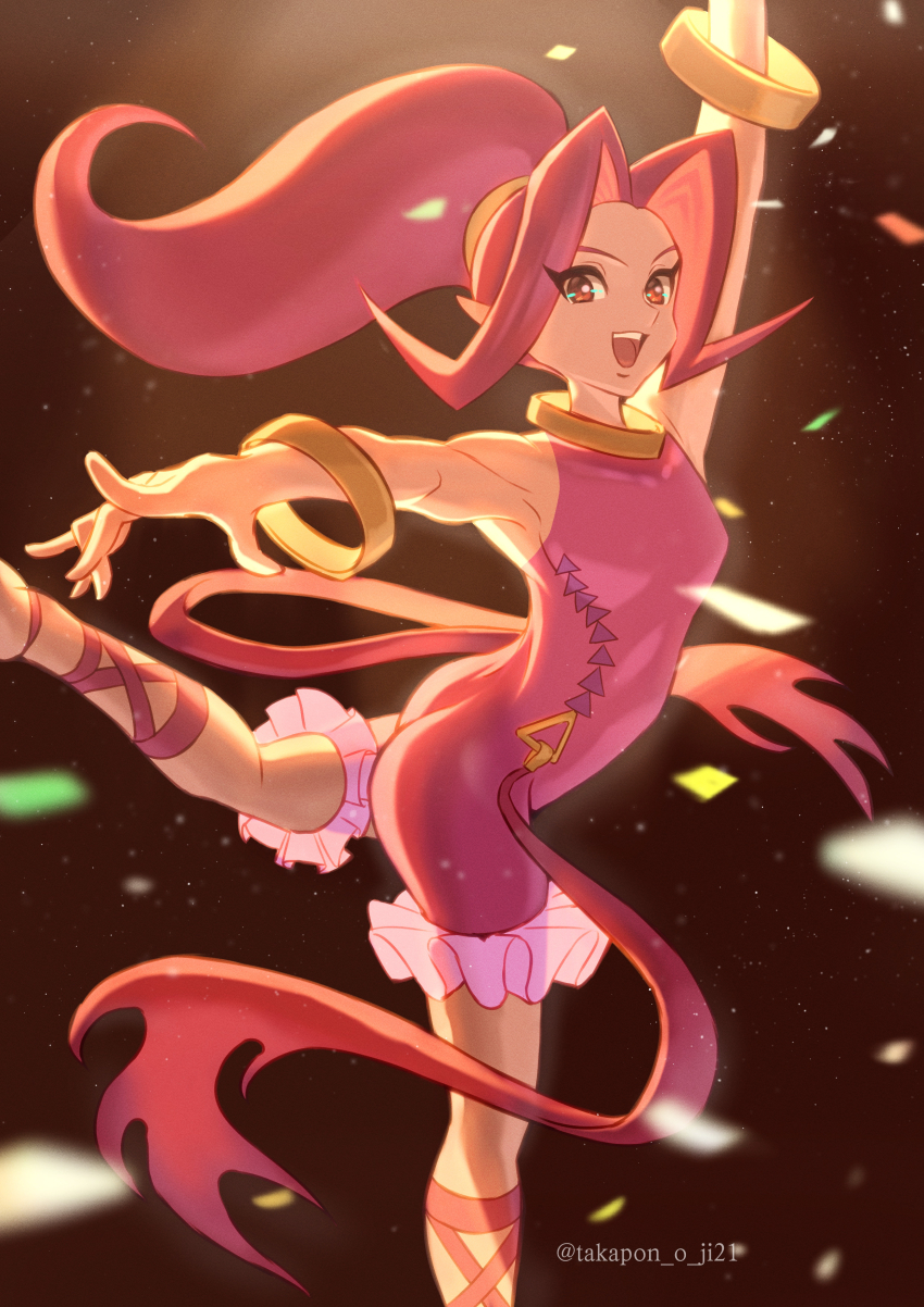 1girl absurdres bracelet confetti dancing din highres jewelry leotard necklace nintendo open_mouth pointy_ears ponytail red_eyes red_hair red_leotard smile takapon-o-ji the_legend_of_zelda the_legend_of_zelda:_oracle_of_seasons