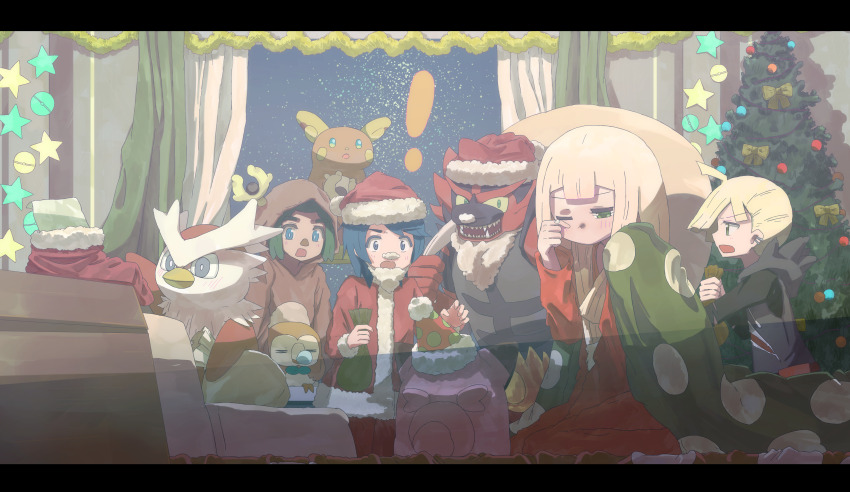 1girl 3boys absurdres alolan_form alolan_raichu blanket blonde_hair christmas christmas_tree cosplay curtains delibird elio_(pokemon) fake_beard fake_facial_hair fake_mustache fukui garland_(decoration) gen_2_pokemon gen_7_pokemon gladion_(pokemon) green_hair hat hau_(pokemon) highres holding holding_sack incineroar lillie_(pokemon) long_hair multiple_boys night nintendo open_mouth party_hat pokemon pokemon_sm rowlet sack santa_costume santa_hat sharp_teeth short_hair stantler stantler_(cosplay) tears teeth