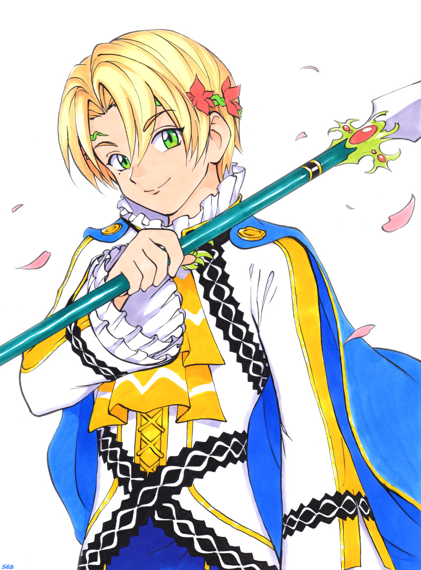 1boy absurdres alfred_(fire_emblem) ascot blonde_hair blue_cape cape fire_emblem fire_emblem_engage green_eyes highres holding holding_polearm holding_weapon long_sleeves looking_at_viewer male_focus nintendo polearm prince seb short_hair smile traditional_media weapon yellow_ascot