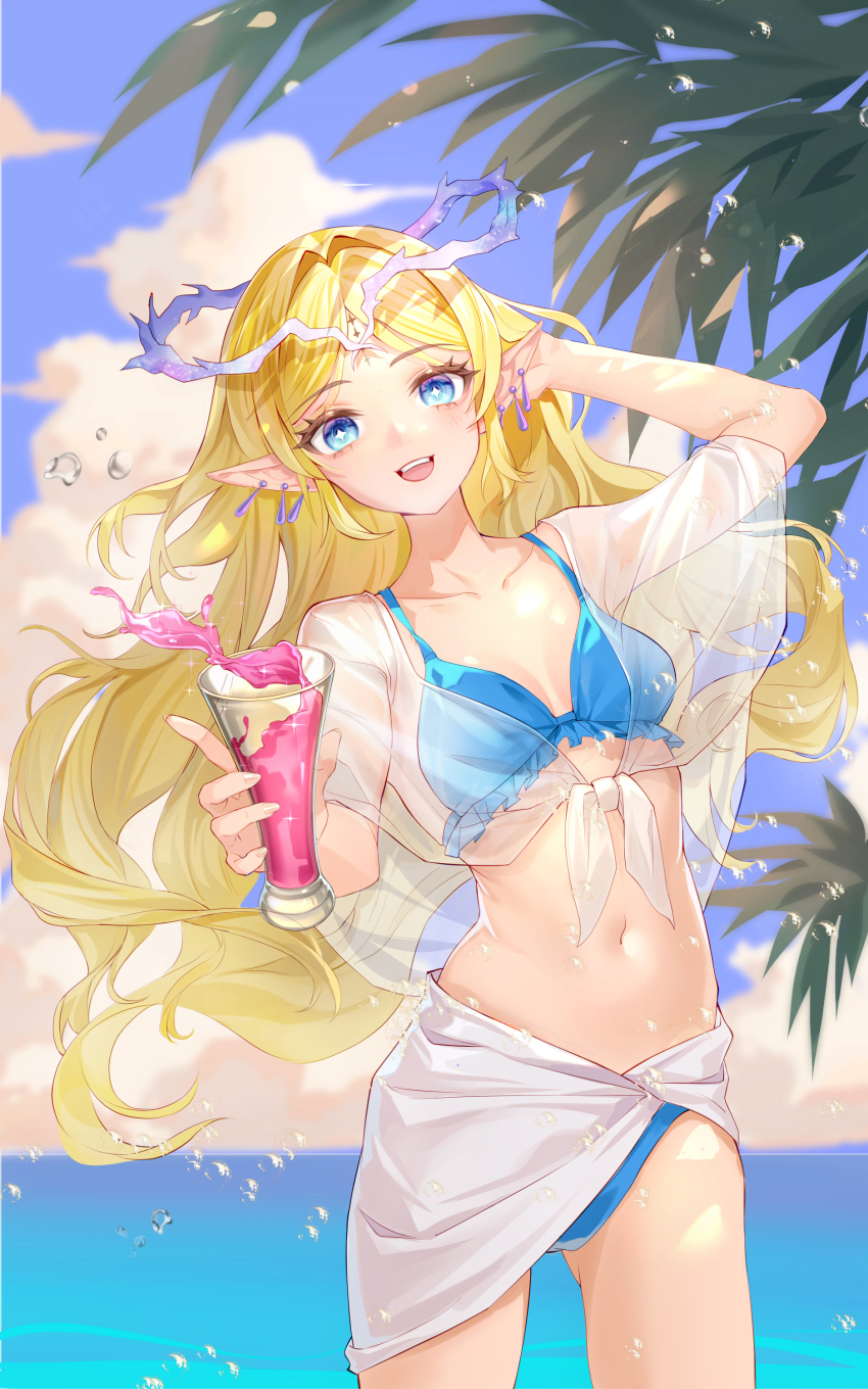 1girl absurdres alternate_costume arm_up bikini blonde_hair blue_bikini blue_eyes blue_sky breasts cartethyia_(wuthering_waves) chinese_commentary collarbone commentary_request cowboy_shot crown_of_thorns cup day drinking_glass earrings fingernails highres holding holding_cup jewelry long_hair looking_at_viewer navel ocean open_mouth outdoors parted_bangs pointy_ears sannaks sarong sky small_breasts smile solo stomach swimsuit swimsuit_cover-up tacet_mark_(wuthering_waves) thighs very_long_hair wet white_sarong wuthering_waves