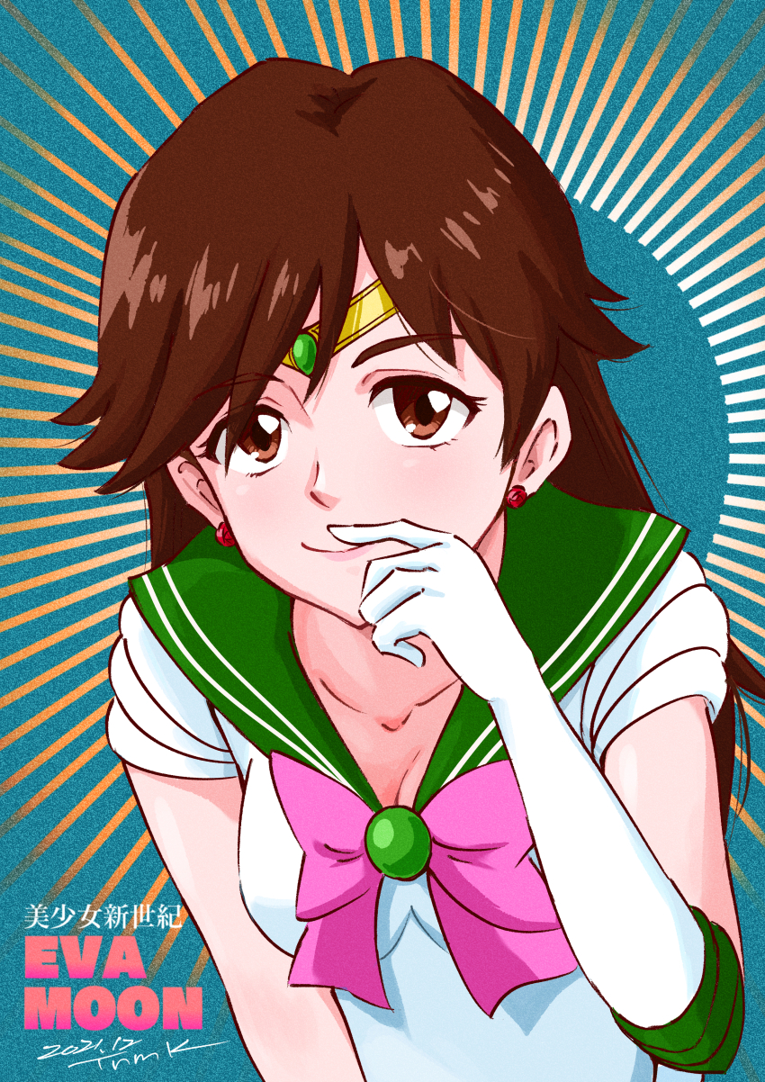 1girl absurdres bishoujo_senshi_sailor_moon brown_eyes brown_hair cosplay earrings elbow_gloves gloves green_sailor_collar highres jewelry kino_makoto long_hair looking_at_viewer magical_girl neon_genesis_evangelion rebuild_of_evangelion sailor_collar sailor_jupiter sailor_jupiter_(cosplay) sailor_senshi_uniform suzuhara_sakura tiara tsunemoku