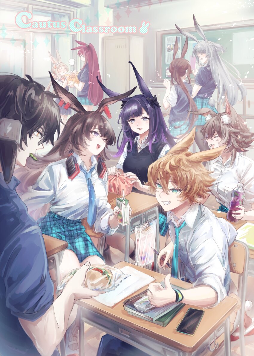 2boys 6+girls absurdres amiya_(arknights) animal_ears april_(arknights) arknights ayerscarpe_(arknights) black_hair black_sweater_vest blonde_hair blue_eyes blue_necktie blue_shirt blue_skirt bottle breasts brown_hair caper_(arknights) cellphone classroom closed_eyes collared_shirt desk food grey_hair highres large_breasts leonhardt_(arknights) long_hair misago33695466 multiple_boys multiple_girls necktie open_mouth phone pink_hair plaid_clothes plaid_skirt ponytail purple_eyes purple_hair rabbit_boy rabbit_ears rabbit_girl ray_(arknights) rope_(arknights) sandwich savage_(arknights) school_desk school_uniform shirt short_hair short_sleeves skirt sleeves_rolled_up smartphone sweater_vest warmy_(arknights) white_shirt yellow_eyes