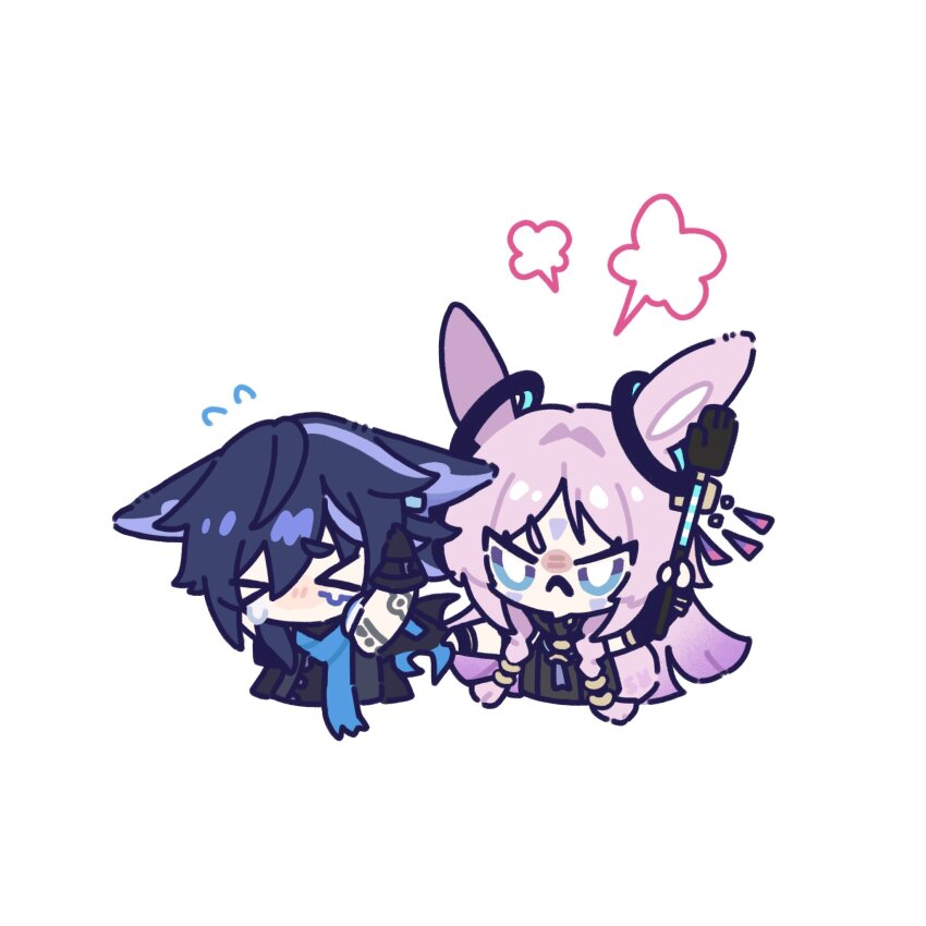 &gt;_&lt; 1boy 1girl :&lt; angry animal_ears arm_up armlet asymmetrical_gloves bat_ears bat_wings black_gloves black_hair black_leotard black_sleeves black_undershirt blue_eyes blue_scarf blunt_ends blunt_tresses braid bright_pupils cape_grab chibi citlali_(genshin_impact) closed_mouth clothes_grab ears_down elbow_gloves facial_hair feather_hair_ornament feathers fingerless_gloves floating_headgear genshin_impact glove_belt gloves gradient_hair grandmother_and_grandson hair_intakes hair_ornament hair_rings hair_tubes hand_on_own_head hand_up highres holding holding_pole jacket jewelry jitome leotard multicolored_hair no_mouth open_clothes open_jacket ororon_(genshin_impact) outstretched_arms parted_bangs pink_hair pole rabbit_ears saden_meow scarf short_eyebrows short_sleeves sidelocks single_sleeve leotard teardrop twin_braids v-shaped_eyebrows white_background white_pupils wings
